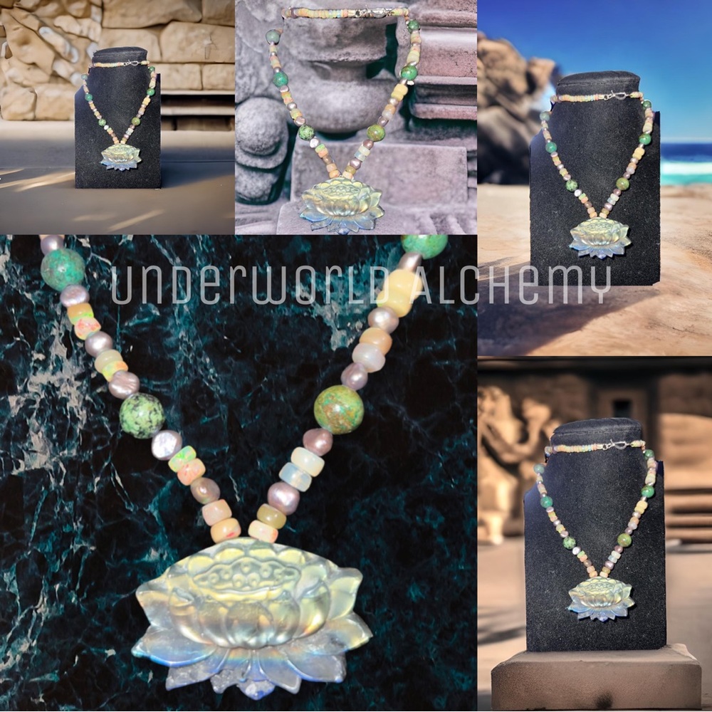 Handmade orange fire opal, African turquoise genuine fresh water pearl necklace